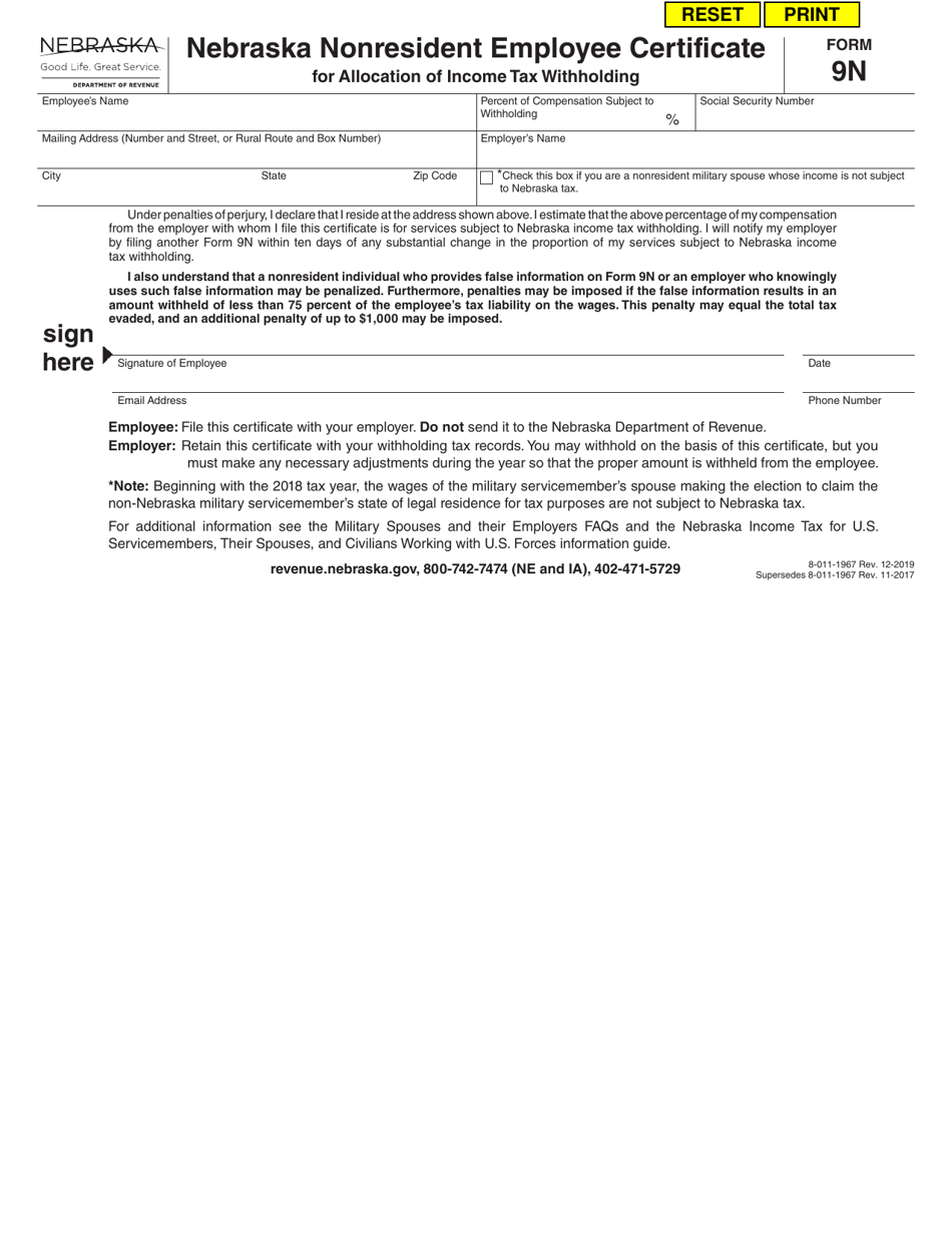 Form 9N Nebraska Nonresident Employee Certificate for Allocation of Income Tax Withholding - Nebraska, Page 1