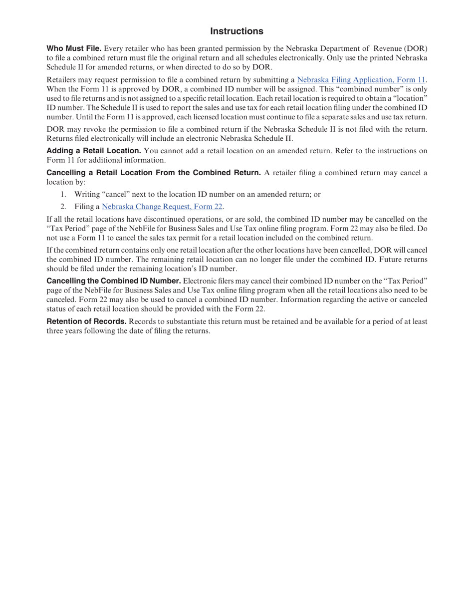 Form 10 Schedule II Nebraska and Local Sales and Use Tax Combined Return for Sales Transactions by Location - Nebraska, Page 2