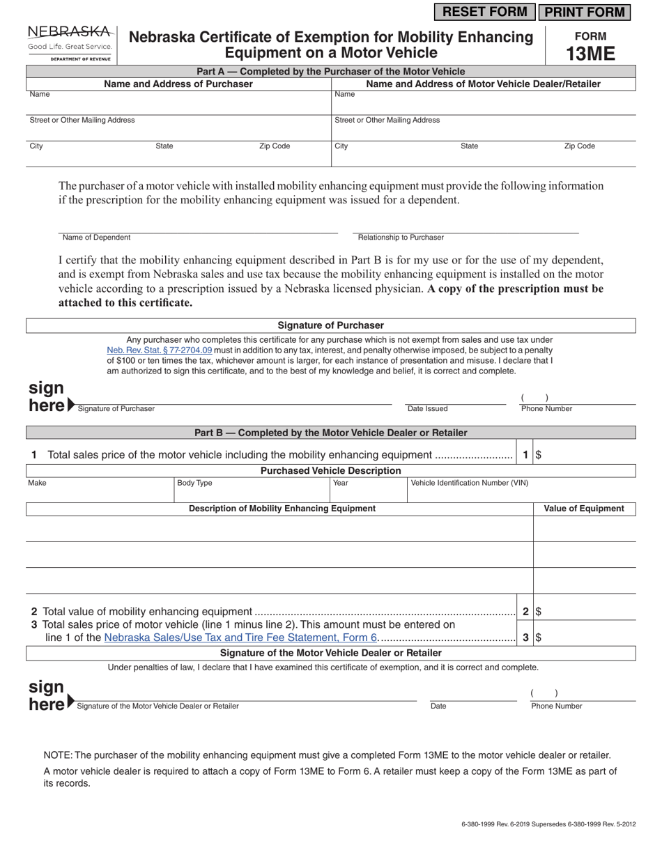 Form 13ME Nebraska Certificate of Exemption for Mobility Enhancing Equipment on a Motor Vehicle - Nebraska, Page 1