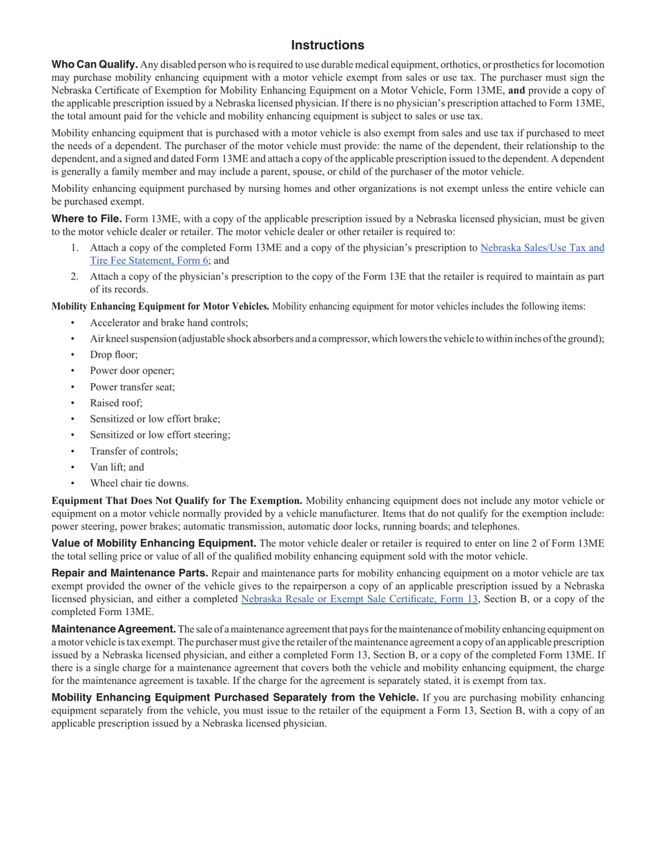 Form 13ME Nebraska Certificate of Exemption for Mobility Enhancing Equipment on a Motor Vehicle - Nebraska, Page 2