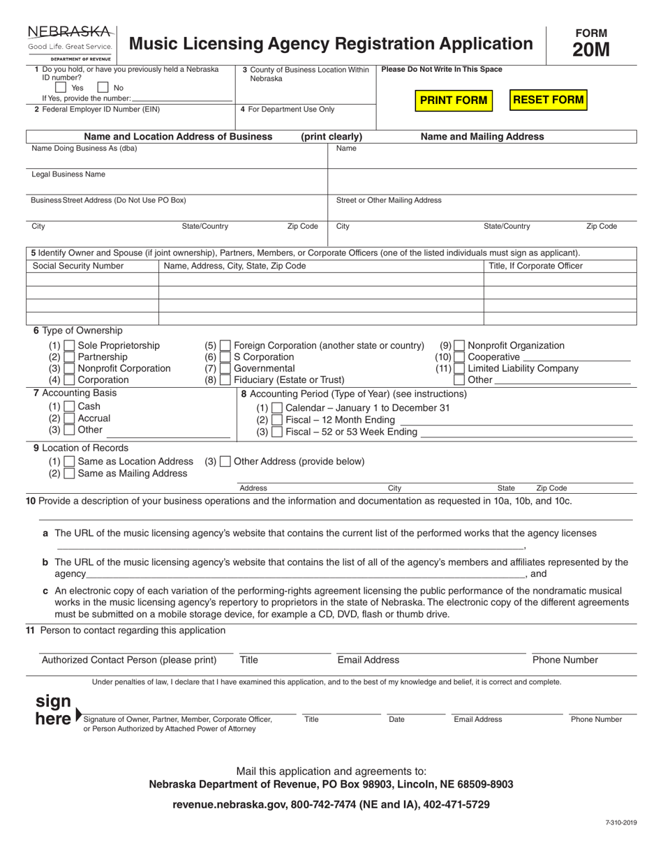Form 20M Music Licensing Agency Registration Application - Nebraska, Page 1