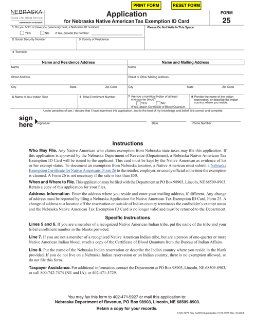 Form 25 Application for Nebraska Native American Tax Exemption Id Card - Nebraska