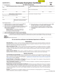 Document preview: Form 26 Nebraska Exemption Certificate for Native Americans - Nebraska