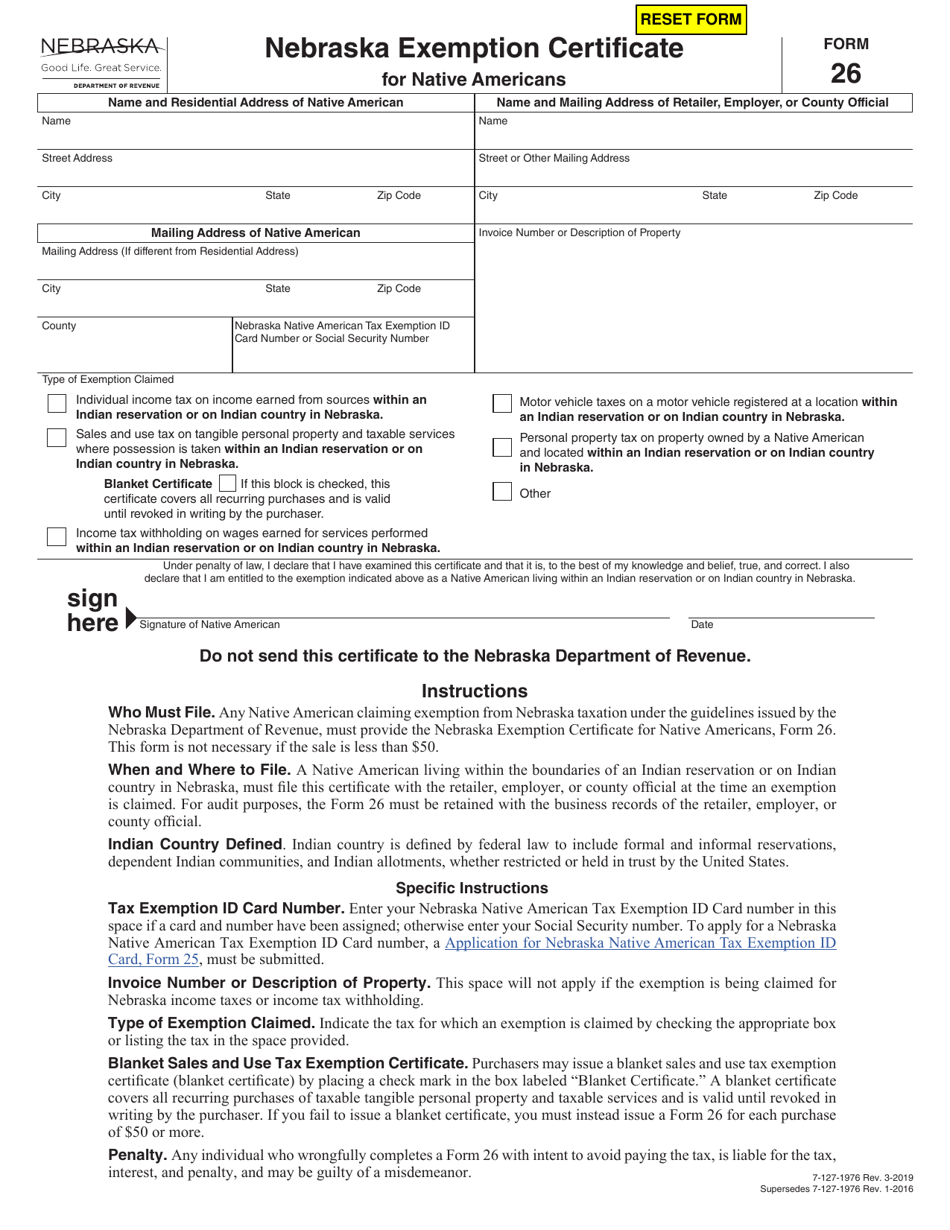 Form 26 Nebraska Exemption Certificate for Native Americans - Nebraska, Page 1