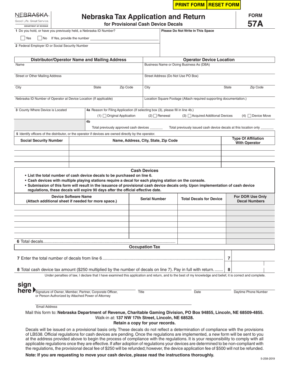 Form 57A Nebraska Tax Application and Return for Provisional Cash Device Decals - Nebraska, Page 1