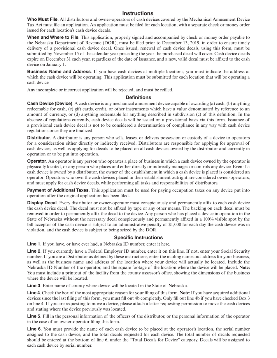 Form 57A Nebraska Tax Application and Return for Provisional Cash Device Decals - Nebraska, Page 2