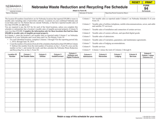 Form 94 Nebraska Waste Reduction and Recycling Fee Schedule - Nebraska