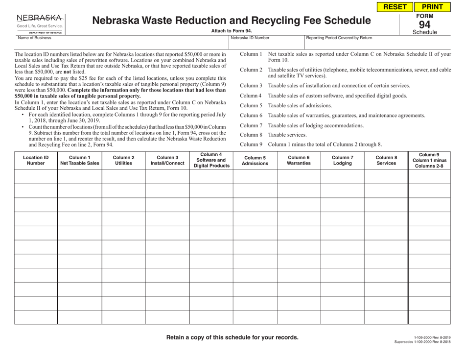 Form 94 Nebraska Waste Reduction and Recycling Fee Schedule - Nebraska, Page 1