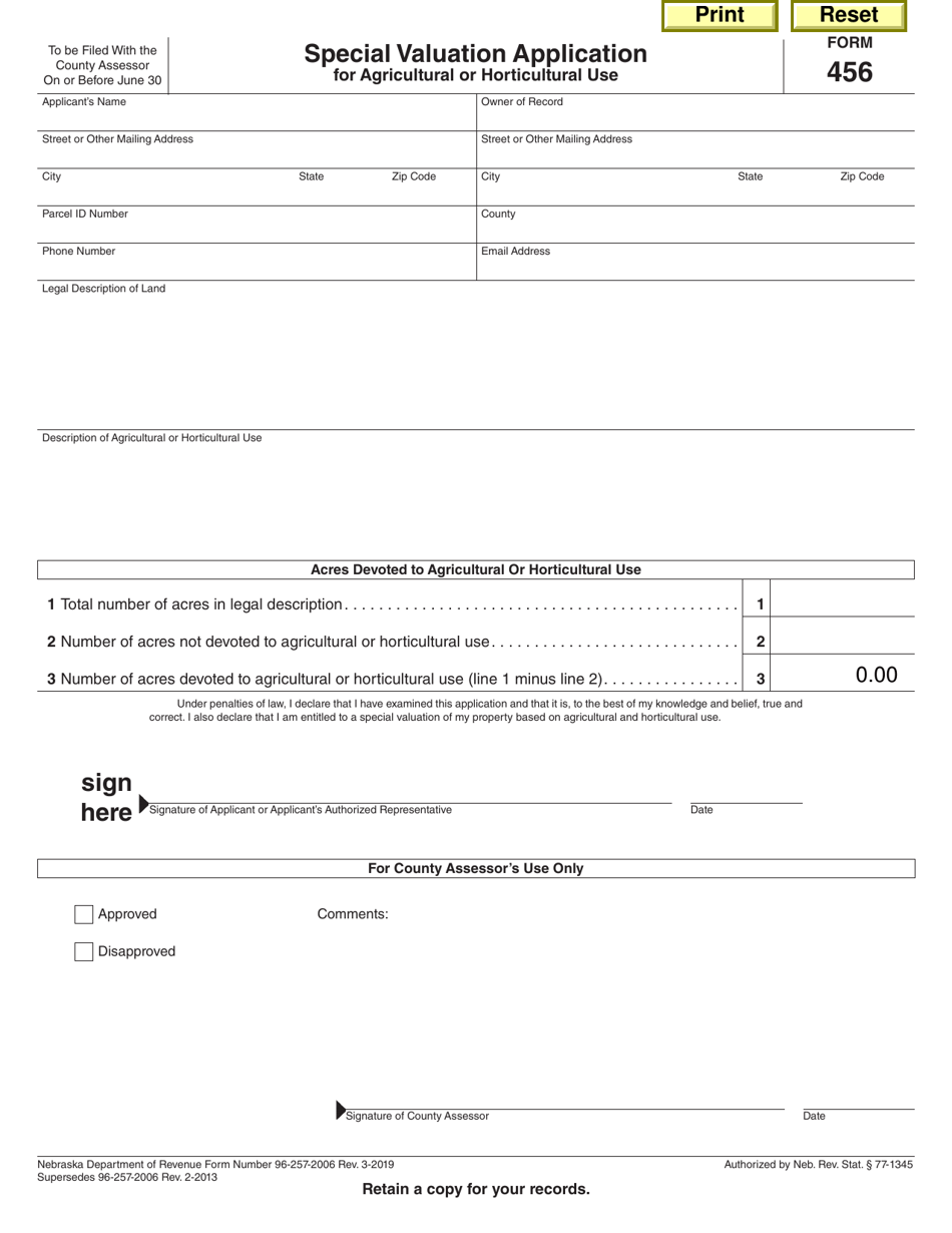 Form 456 Special Valuation Application for Agricultural or Horticultural Use - Nebraska, Page 1