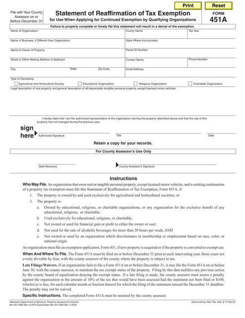 Form 451A Statement of Reaffirmation of Tax Exemption or Use When Applying for Continued Exemption by Qualifying Organizations - Nebraska
