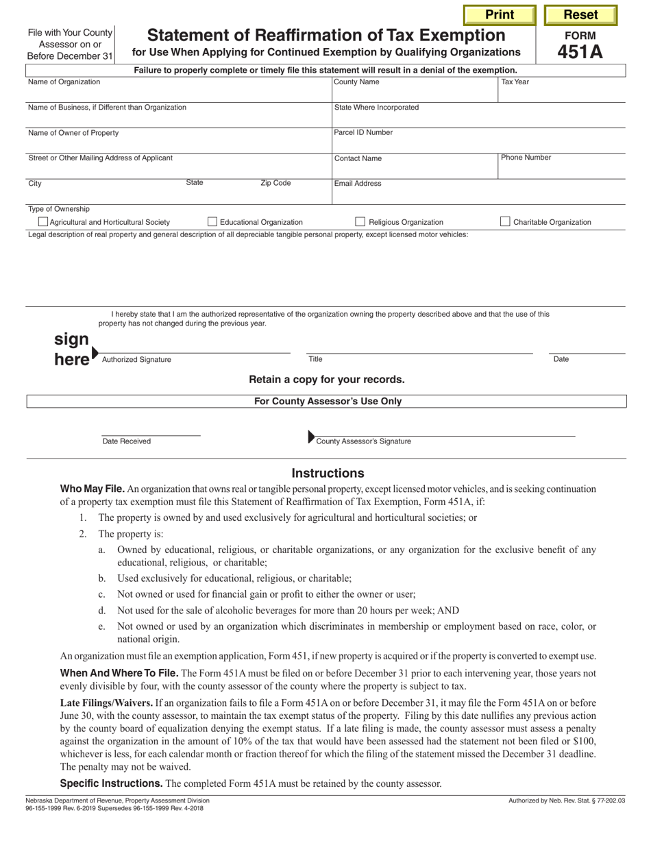 Form 451A Statement of Reaffirmation of Tax Exemption or Use When Applying for Continued Exemption by Qualifying Organizations - Nebraska, Page 1