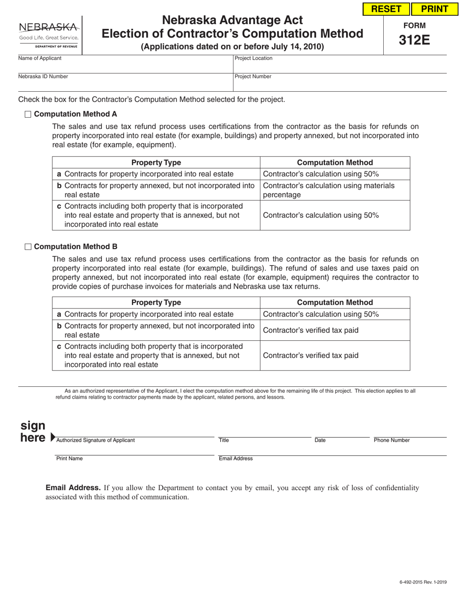 Form 312E Nebraska Advantage Act Election of Contractors Computation Method - Nebraska, Page 1