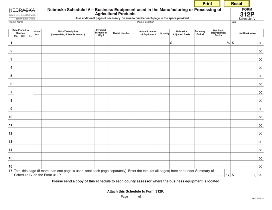 Form 312P Schedule IV Business Equipment Used in the Manufacturing or Processing of Agricultural Products - Nebraska, Page 1