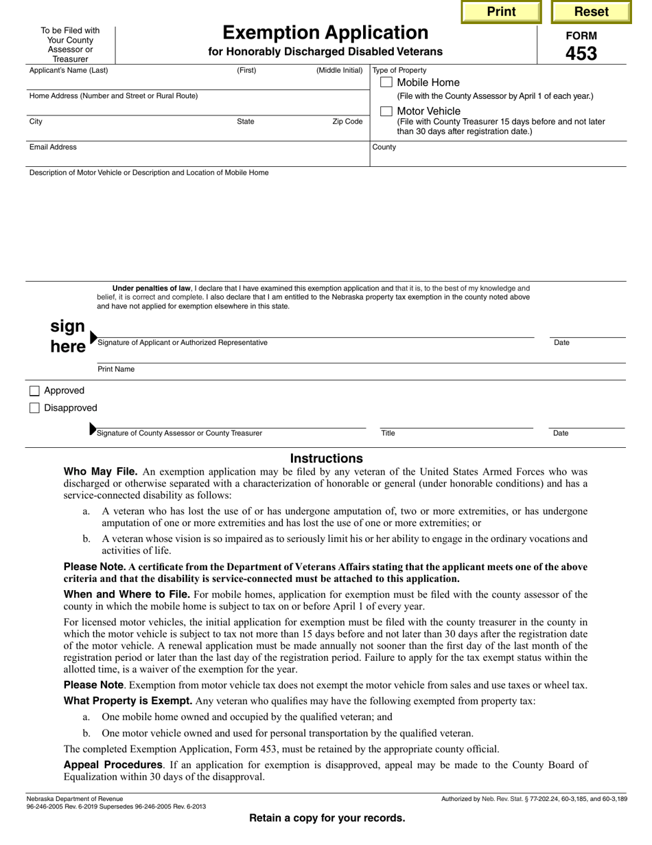 Form 453 Exemption Application for Honorably Discharged Disabled Veterans - Nebraska, Page 1