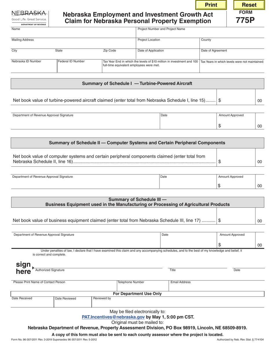 Form 775P Claim for Nebraska Personal Property Exemption - Nebraska, Page 1