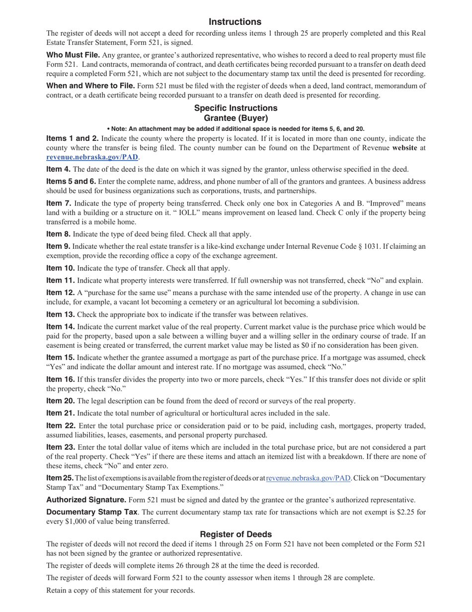 Form 521 Real Estate Transfer Statement - Nebraska, Page 2