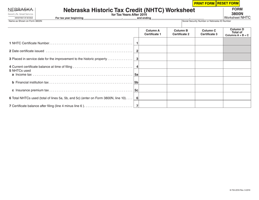 Form 3800N Worksheet NHTC  Printable Pdf