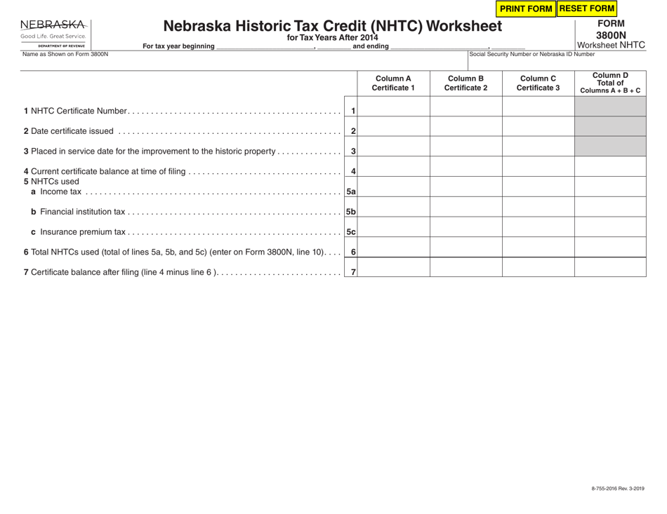Form 3800N Worksheet NHTC Nebraska Historic Tax Credit (Nhtc) Worksheet for Tax Years After 2014 - Nebraska, Page 1