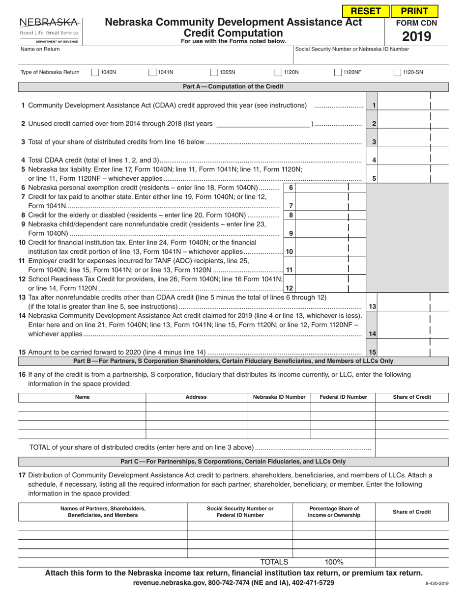 Form CDN Nebraska Community Development Assistance Act Credit Computation - Nebraska, Page 1