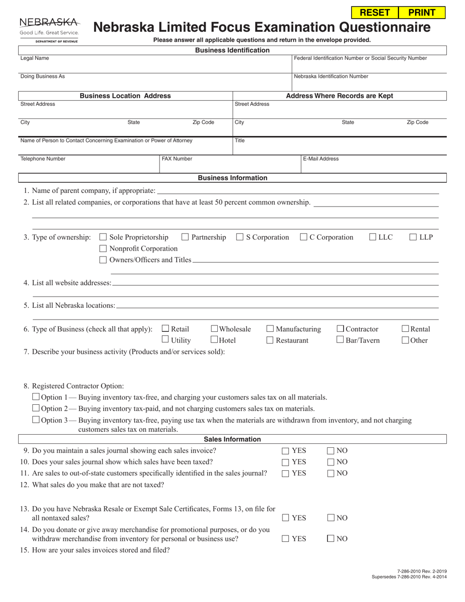 Nebraska Limited Focus Examination Questionnaire - Nebraska, Page 1