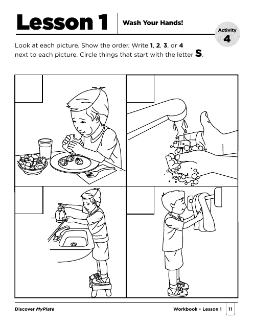 Wash Your Hands Kids Worksheet - Activity 4, Lesson 1, Discover My Plate Workbook for Students (Kindergarten)