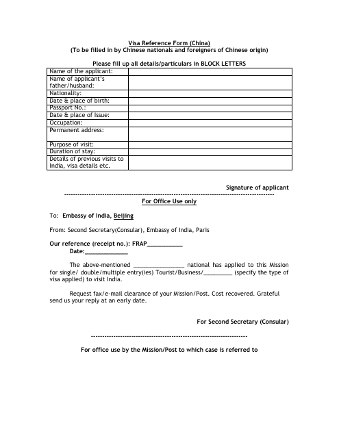 Chinese Visa Reference Form for Chinese National and Foreigners of Chinese Origin - Embassy of India - Paris, Metropolitan France