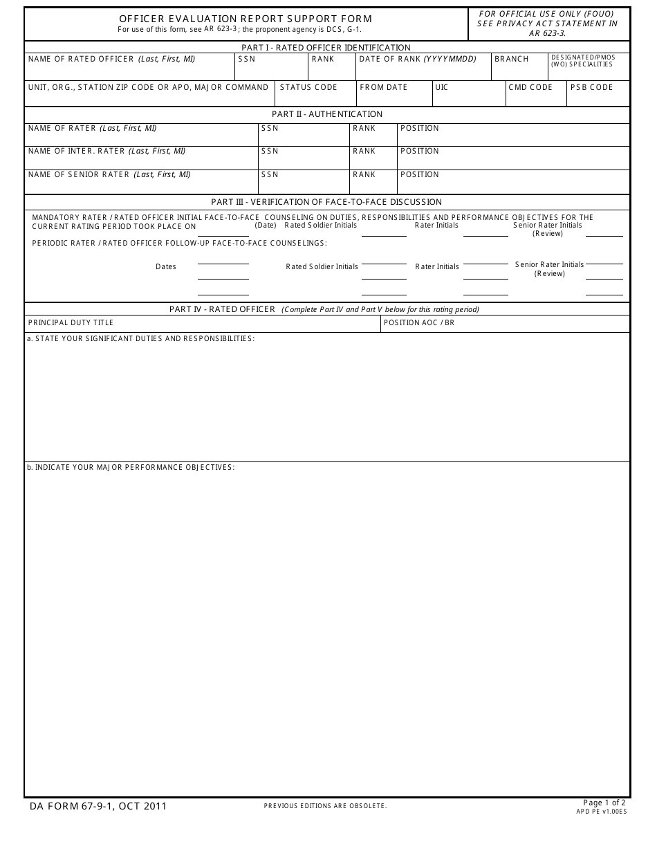 DA Form 67-9-1 Officer Evaluation Report Support Form, Page 1