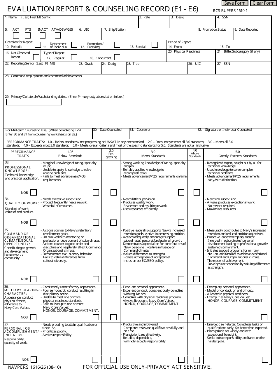 NAVPERS Form 1616 / 26 Evaluation Report  Counseling Record (E1-e6), Page 1