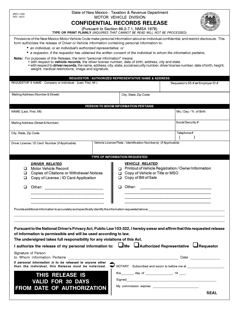 Form MVD-11260 Confidential Records Release - New Mexico, Page 1