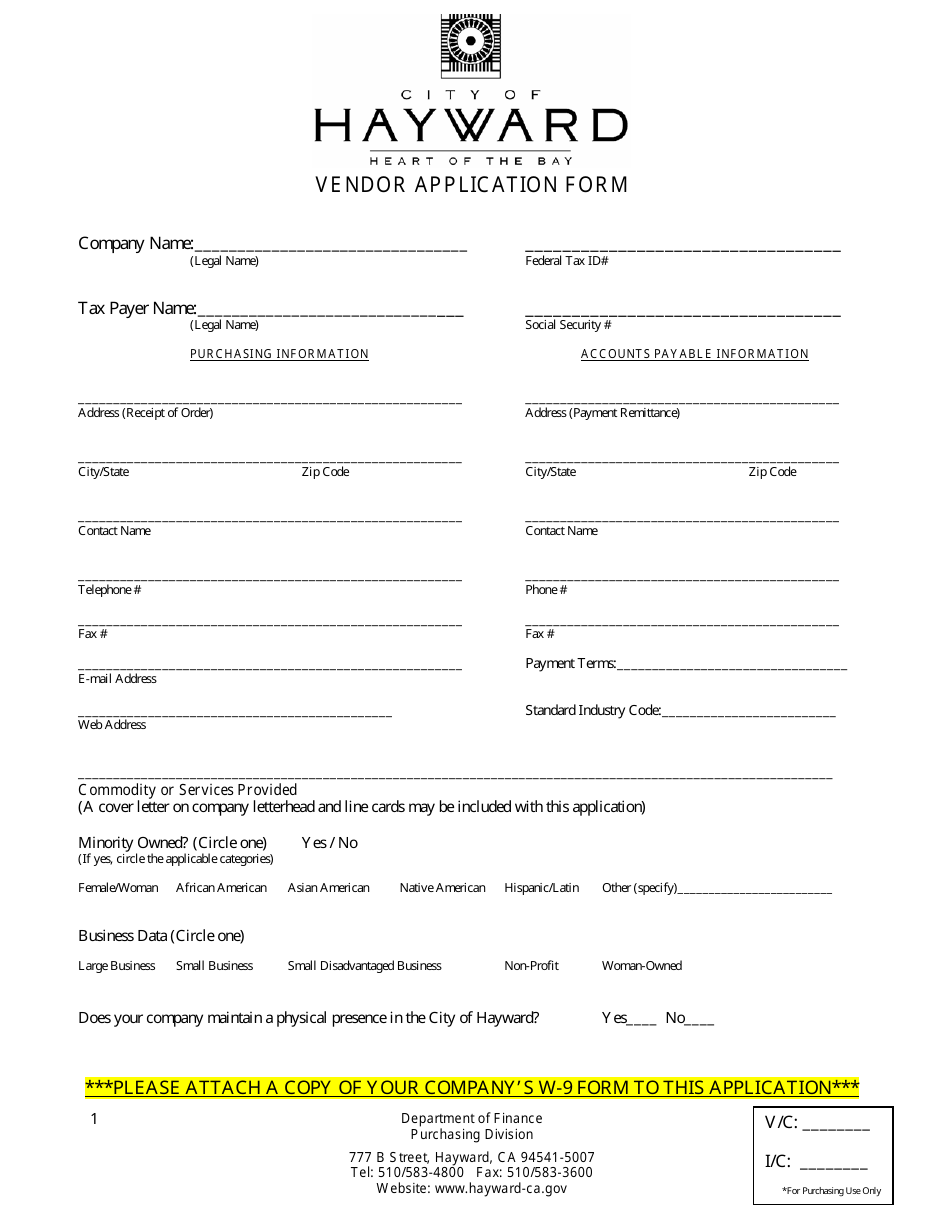 Vendor Application Form - City of Hayward, California, Page 1