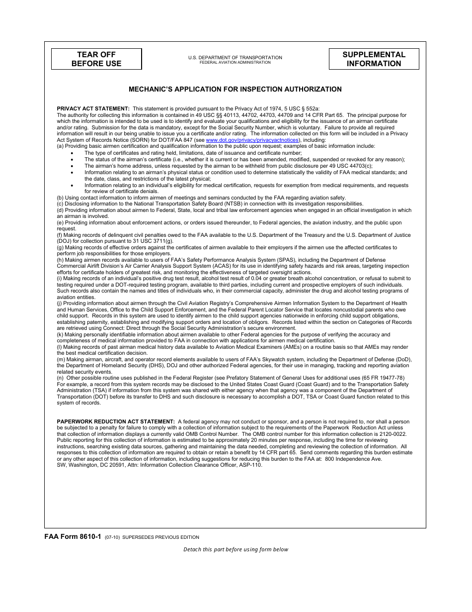 FAA Form 8610-1 Mechanics Application for Inspection Authorization, Page 1
