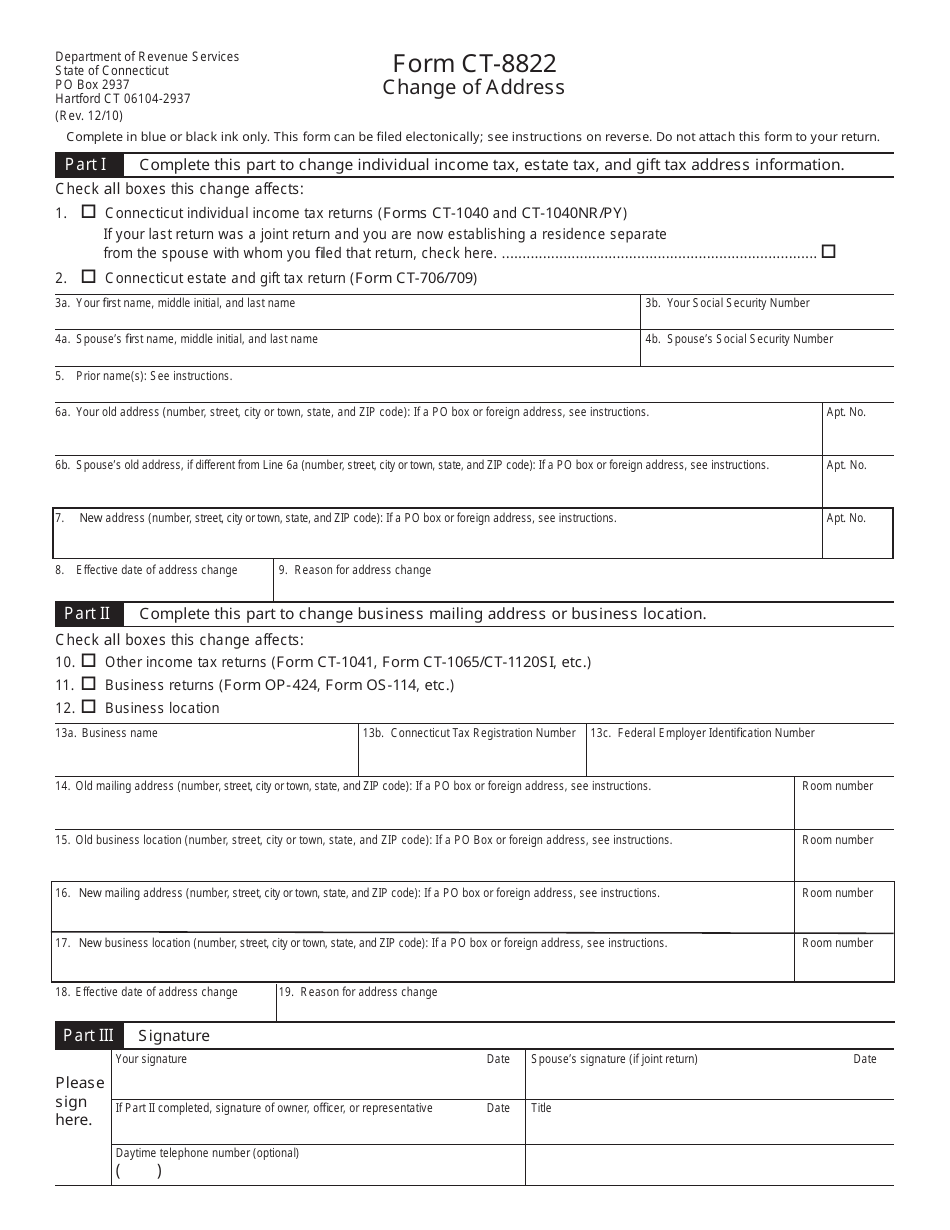 Form CT-8822 Change of Address - Connecticut, Page 1