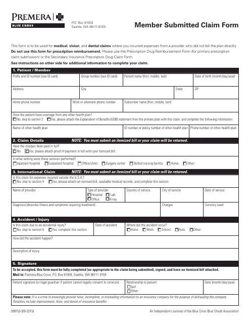 Form 008755 Member Submitted Claim Form - Premera Blue Cross - Washington