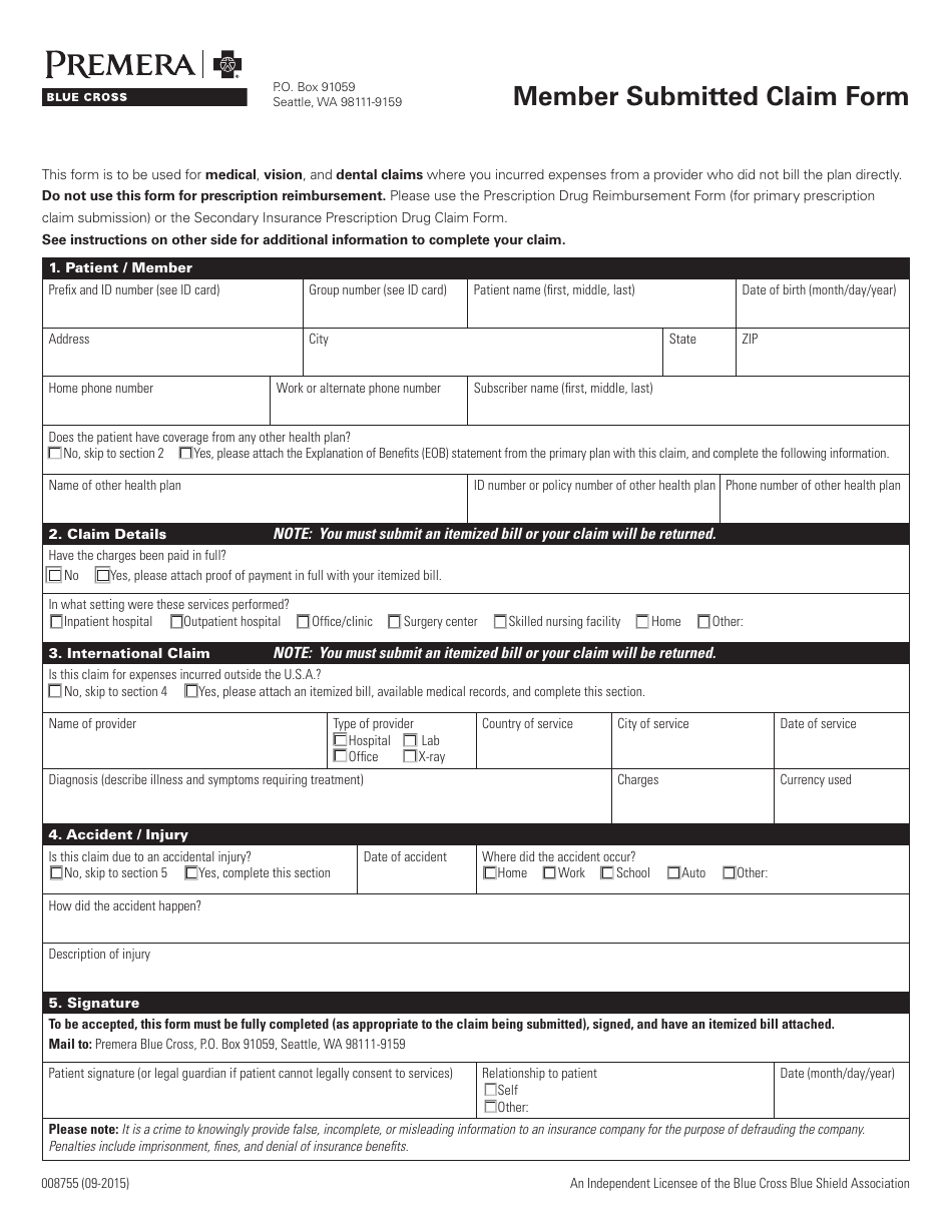 Form 008755 Member Submitted Claim Form - Premera Blue Cross - Washington, Page 1