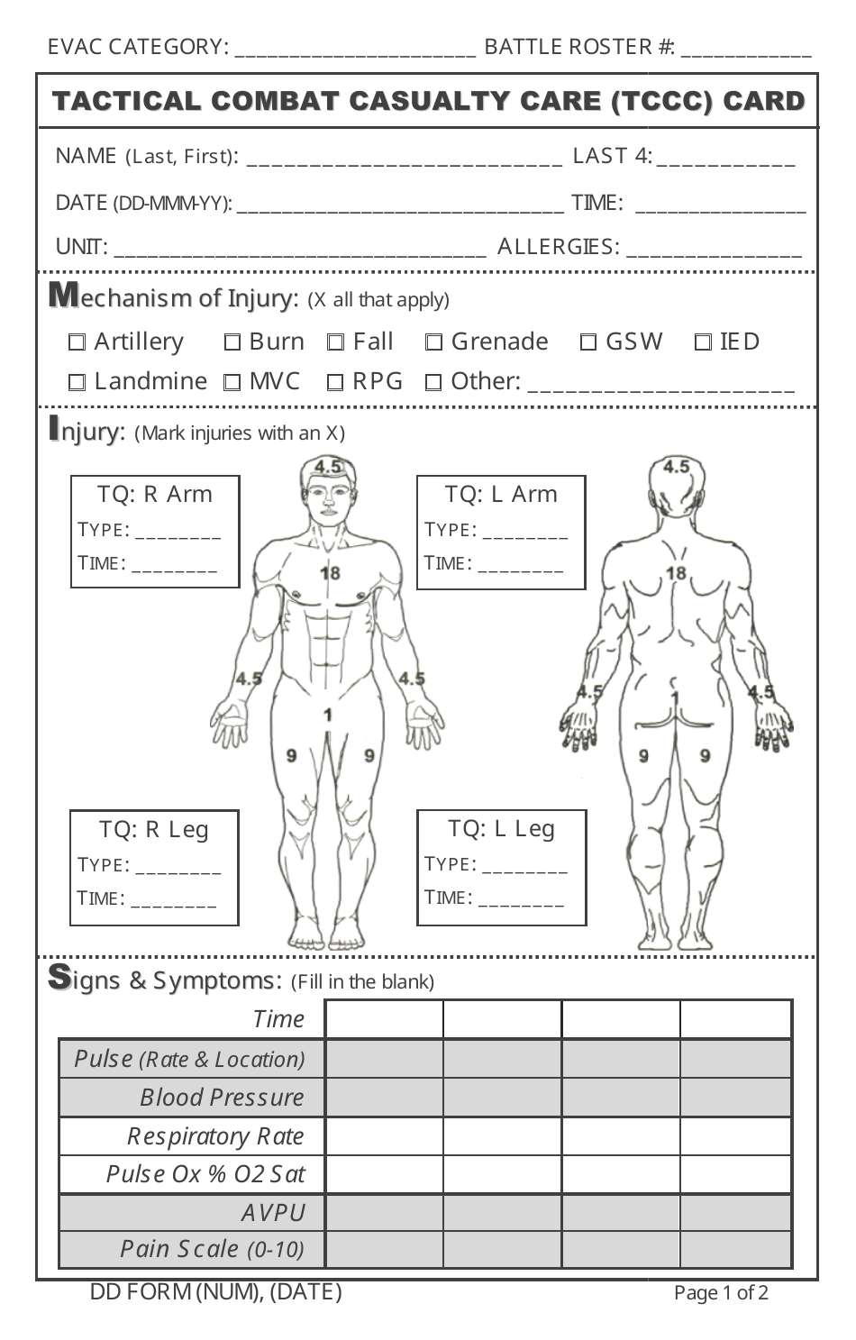 DD Form 1380 Tactical Combat Casualty Care (Tccc) Card, Page 1