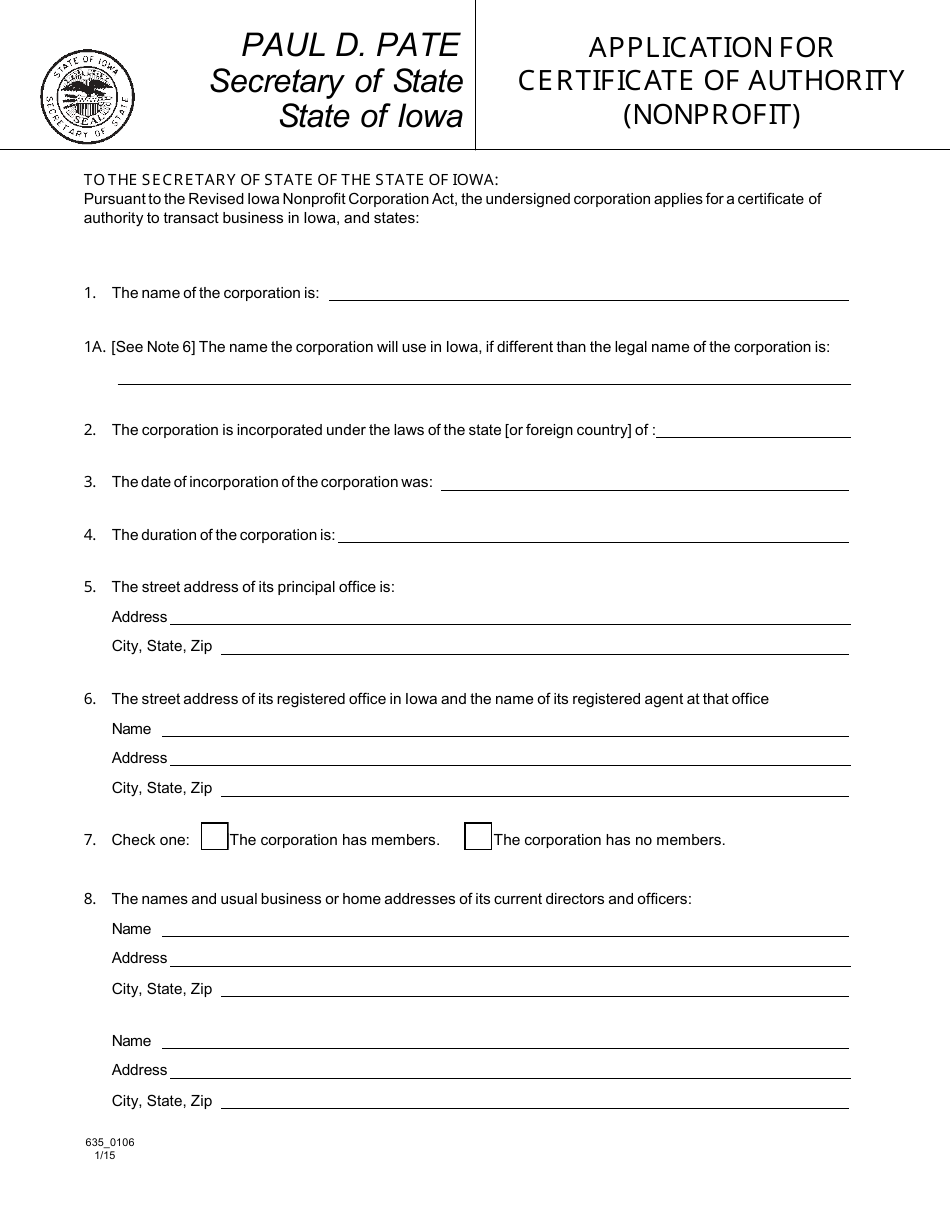Form 635_0106 Application for Certificate of Authority (Nonprofit) - Iowa, Page 1