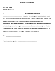 Document preview: Liability Release Form - Department of Athletics, Mckinney Independent School District - County of Collin, Texas