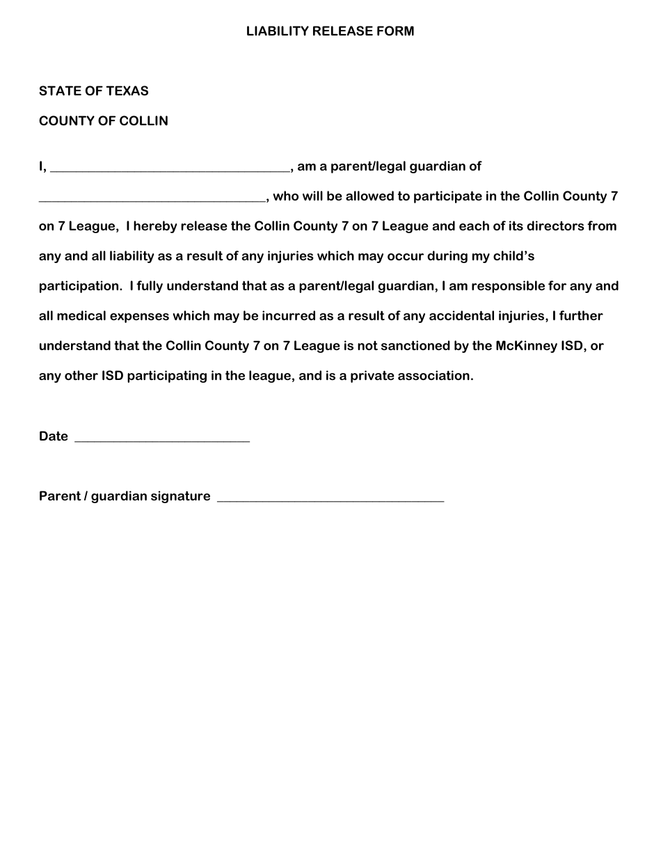 Liability Release Form - Department of Athletics, Mckinney Independent School District - County of Collin, Texas, Page 1