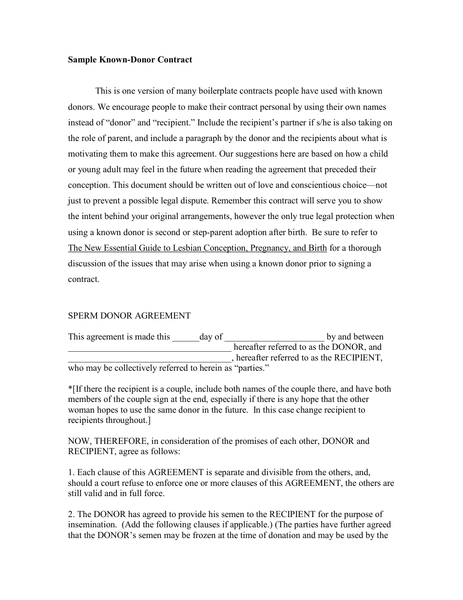 Sperm Donor Agreement Template, Page 1