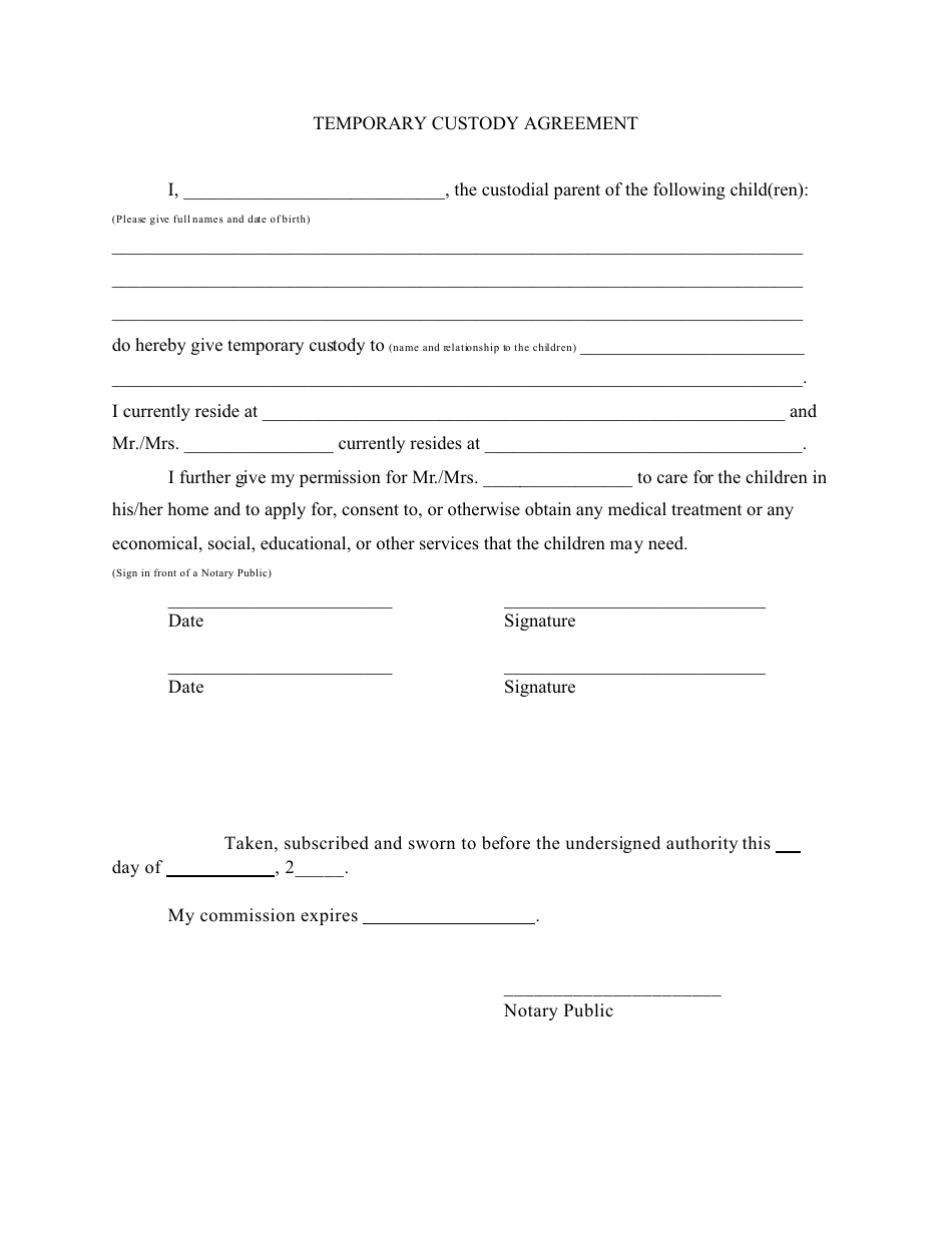 Temporary Custody Agreement Form, Page 1