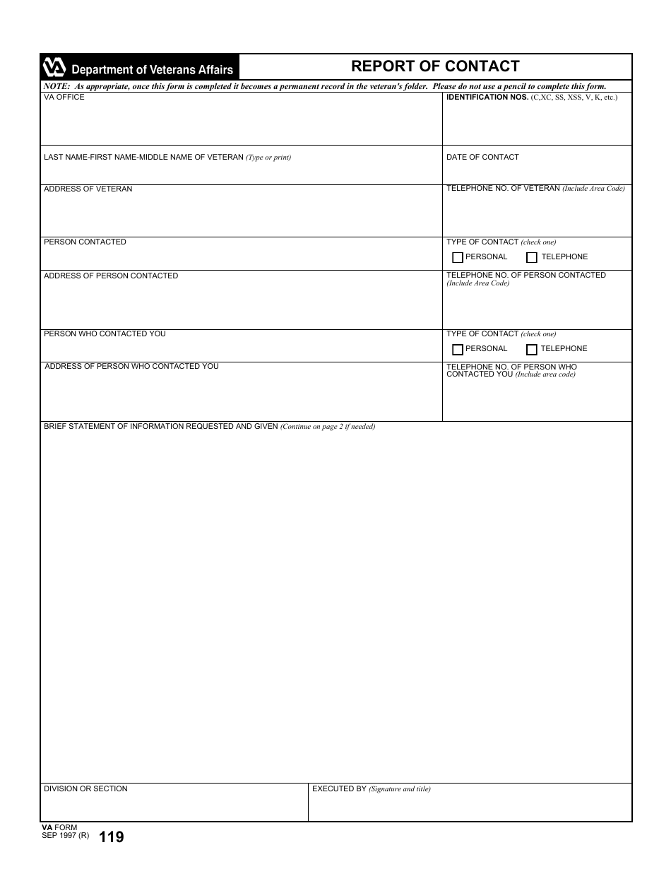 VA Form 119 Report of Contact, Page 1