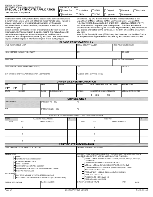 Form CHP295  Printable Pdf