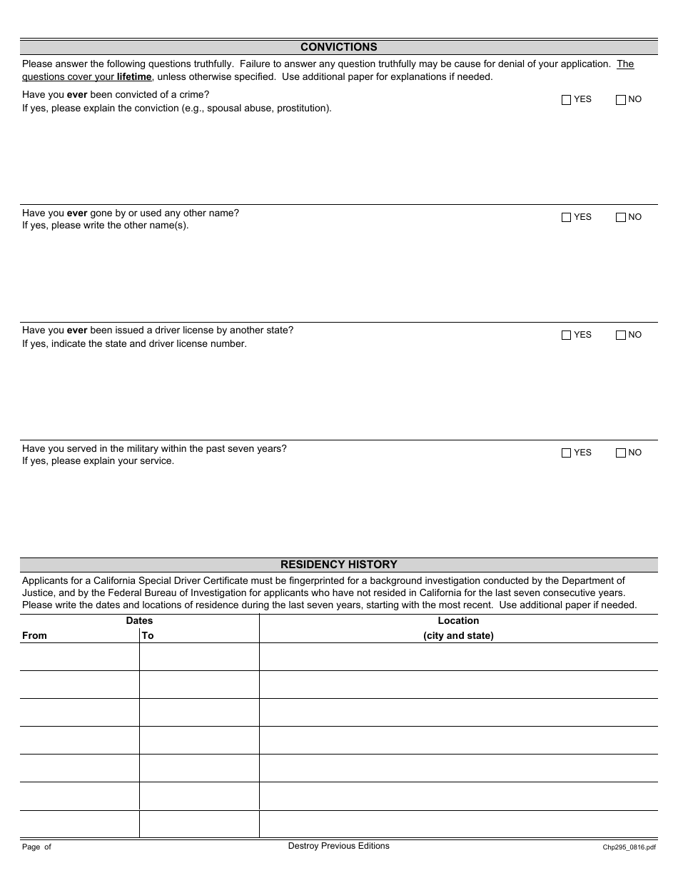 Form CHP295 Special Certificate Application - California, Page 3