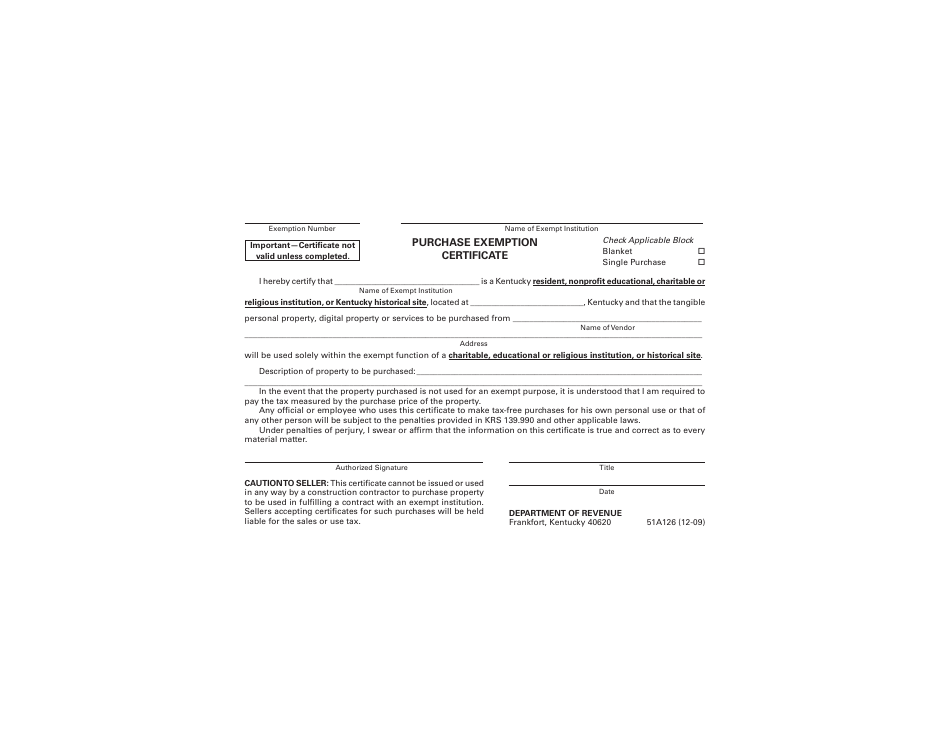 Form 51A126 Purchase Exemption Certificate - Kentucky, Page 1