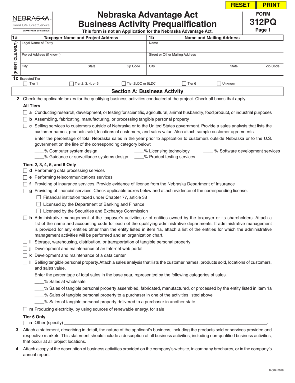 Form 312PQ Nebraska Advantage Act Business Activity Prequalification - Nebraska, Page 1