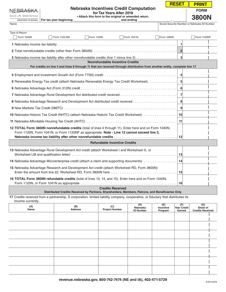 Form 3800N Nebraska Incentives Credit Computation for Tax Years After 2018 - Nebraska, Page 1