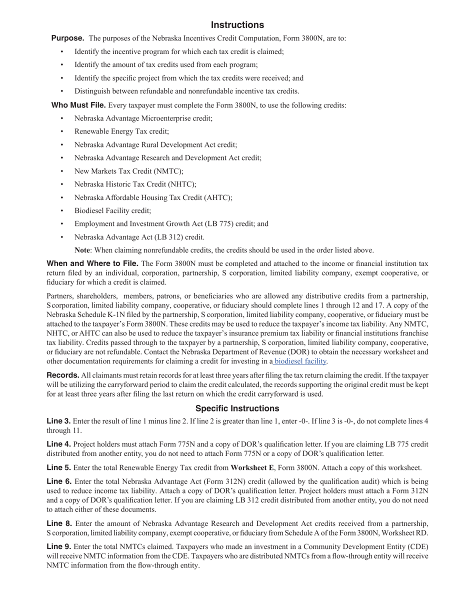 Form 3800N Nebraska Incentives Credit Computation for Tax Years After 2018 - Nebraska, Page 2