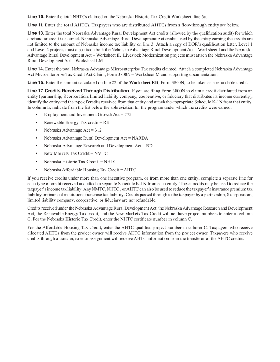 Form 3800N Nebraska Incentives Credit Computation for Tax Years After 2018 - Nebraska, Page 3