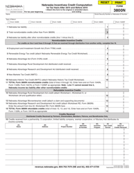 Form 3800N Nebraska Incentives Credit Computation for Tax Years After 2014 and Before 2019 - Nebraska