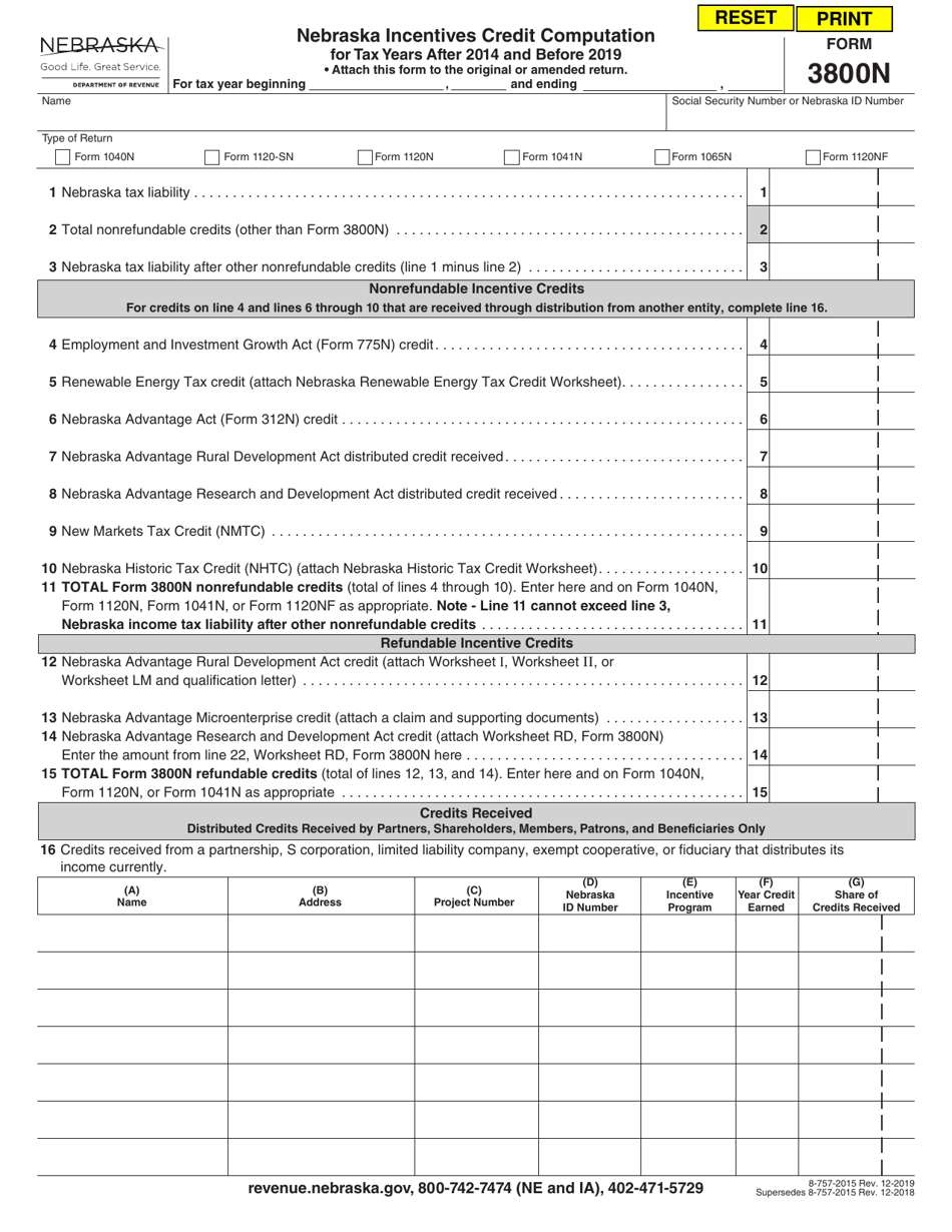 Form 3800N Nebraska Incentives Credit Computation for Tax Years After 2014 and Before 2019 - Nebraska, Page 1